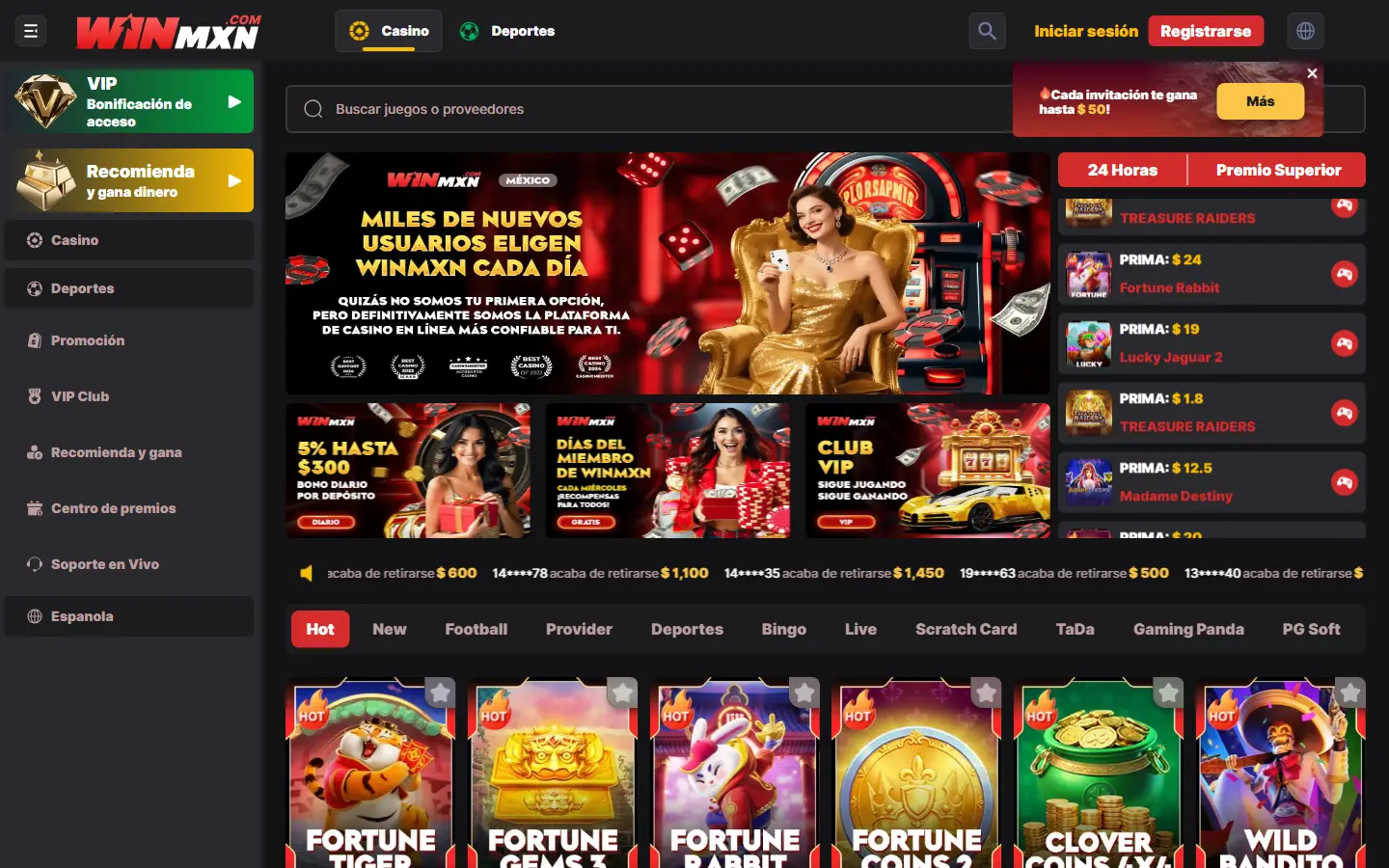 Catálogo de WINMX con categorías de casino