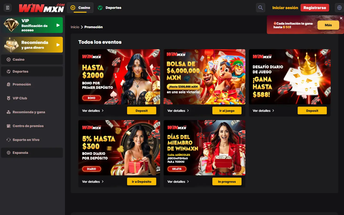 Página de eventos y promociones de WINMX