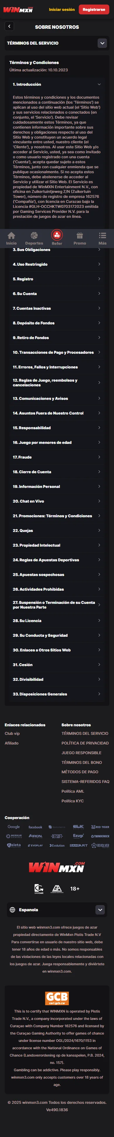 Información y políticas de WINMX en el celular