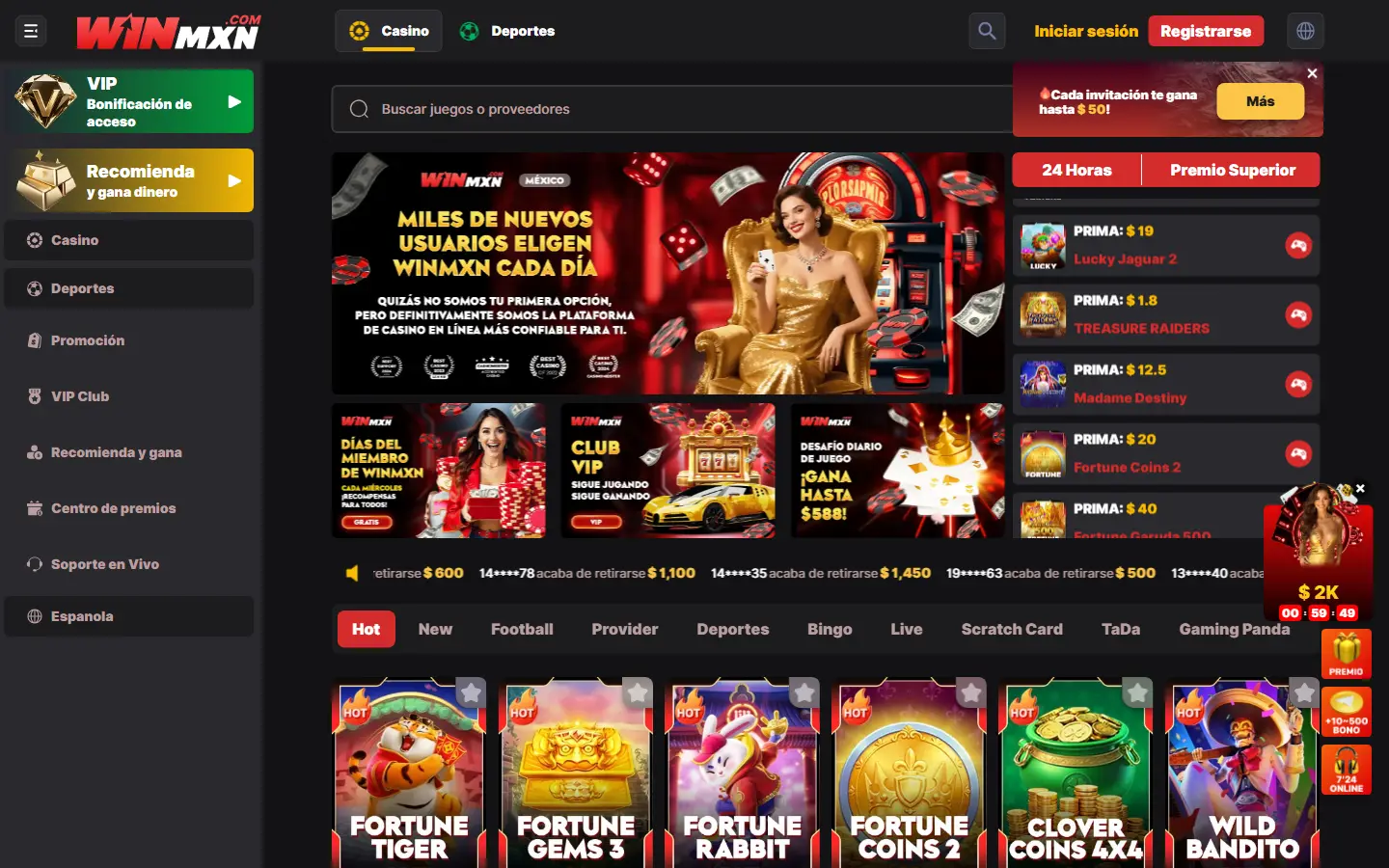 Portada de WINMX con navegación de casino y deportes